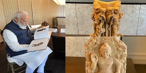 அமெரிக்காவில் மீட்கப்பட்ட 157 இந்திய புராதன சின்னங்கள் பிரதமர் மோடியிடம் ஒப்படைப்பு