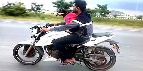 கூலிங் கிளாஸ், செயின், ஜாக்கெட், சூட்டுடன் பந்தாவாக பைக்கில் பவனிவரும் ஊனமுற்ற நாய்