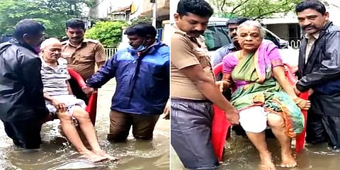 மழை வெள்ளத்தில் சிக்கிய மூத்த தம்பதியினர்: நாற்காலியில் வைத்து மீட்ட பேரிடர் குழுவினர்
