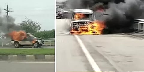 தேசிய நெடுஞ்சாலையில் சென்றுகொண்டிருந்த காரில் தீடீர் தீ; நல்வாய்ப்பாக தப்பித்த பயணிகள்