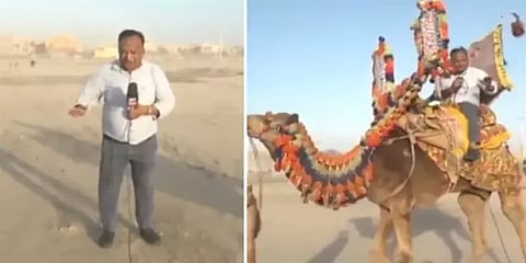 ஒட்டகத்தின் மீதேறி கராச்சி புழுதிப் புயல் நிலவரத்தை விளக்கிய பாக். செய்தியாளர்!