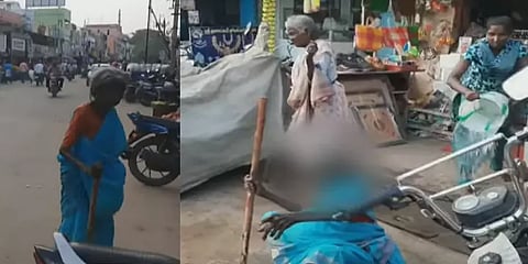 திண்டுக்கல்: சாலையில் அமர்ந்த மூதாட்டியை தண்ணீரை ஊற்றி விரட்டிய கடை விற்பனையாளர்