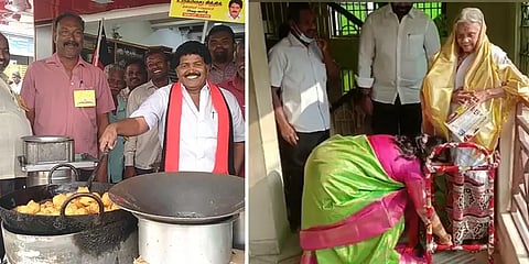 திண்டுக்கல்: டீக்கடையில் வடைசுடுவது, வாக்காளர் காலில் விழுவது என கலகலக்கும் பிரசார மேடை!