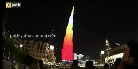 புர்ஜ் கலீஃபா கோபுரத்தில் தமிழ்நாடு பற்றிய காட்சிப்படம்