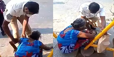 வெறும் காலில் நடந்து வந்த மூதாட்டி.. காலணி வாங்கிக் கொடுத்த போக்குவரத்து காவலர்!