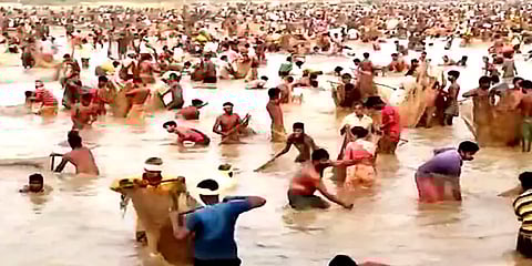 பொன்னமராவதி அருகே நடைபெற்ற மீன்பிடித் திருவிழா: போட்டிபோட்டு மீன் பிடித்த மக்கள்