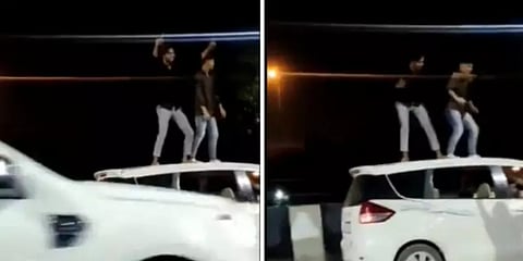 ஓடும் காரின் மீது மதுபோதையில் நடனமாடிய இளைஞர்கள் - ஸ்கெட்ச் போட்டு தூக்கிய போலீசார்