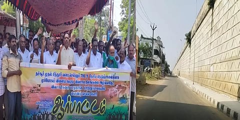 6 வழிச்சாலை அமைக்க எதிர்ப்பு - திருவள்ளூர் ஆட்சியர் அலுவலகம் அருகே விவசாயிகள்போராட்டம்