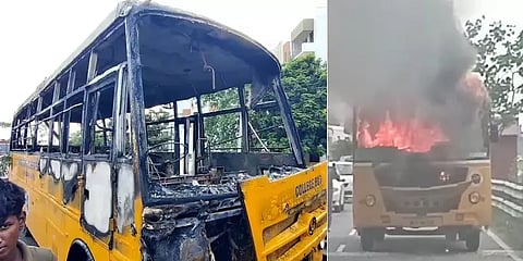 தனியார் கல்லூரி பஸ் தீப்பிடித்து எரிந்ததால் பரபரப்பு - அதிர்ஷ்டவசமாக உயிர்தப்பிய மாணவர்கள்