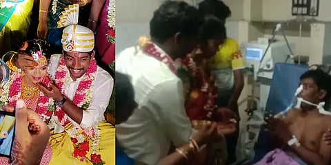 மணக்கோலத்துடன் மருத்துவமனை சென்று ஆசிர்வாதம் வாங்கிய மணமக்கள்; நெகிழ்ந்த தந்தை