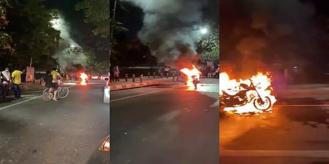 சென்னை: சாலையில் ஓடிக்கொண்டிருந்த பைக் தீப்பிடித்ததால் பரபரப்பு