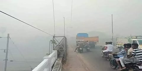 திடீரென தீப்பற்றி எரிந்த கோரைப்புற்கள்.. புகை மூட்டத்தால் சூழ்ந்த திருவாரூர் நகரம்