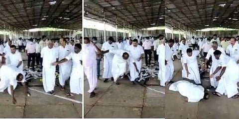 பொதுக்குழு பணிகளை பார்வையிட்டபோது தவறி கீழே விழுந்த நத்தம் விஸ்வநாதன்!