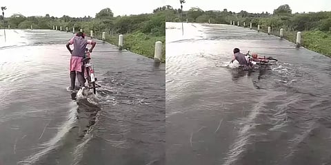 எடப்பாடி: சாலையை மூழ்கடித்து செல்லும் உபரி நீர் - தண்ணீரில் சறுக்கி விழும் பள்ளி மாணவர்கள்