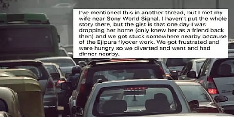 ”இந்த டிராஃபிக்லதான் என் காதல் வாழ்க்கை தொடங்கிச்சு..” - பெங்களூரு வாசியின் சுவாரஸ்ய கதை!