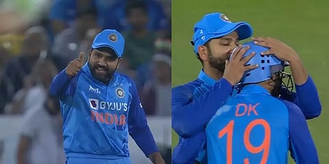 மேக்ஸ்வெல் விக்கெட்டிற்கு பிறகு தினேஷ் கார்த்திக்கு முத்தமிட்ட ரோகித் ஷர்மா.!