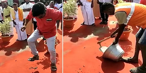 அமைச்சர் நேரு பங்கேற்ற நிகழ்ச்சியில் புகுந்த பாம்பு – காலால் மிதித்தே கொன்ற தொண்டர்!