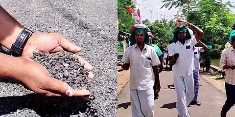 ரூ.6 லட்சம் செலவில் போடப்பட்ட தரமற்ற சாலை: கைகளால் பெயர்த்து இருமுடி கட்டி நூதன போராட்டம்