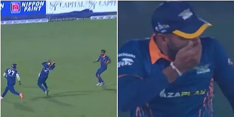 கேட்ச் பிடிக்கும்போது கீழே தெறித்து விழுந்த 4 பற்கள்.. ரத்தம் வழிய வெளியேறிய இலங்கை வீரர்!