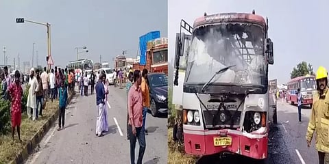 இருசக்கர வாகனம் மீது மோதி சிறிது தூரம் இழுத்துச் சென்ற அரசுப் பேருந்து - 2 பேர் உயிரிழப்பு