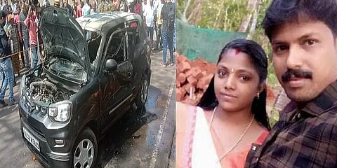 திடீரென தீப்பிடித்த கார்... 8 வயது குழந்தை கண்முன்னே தந்தை - கர்ப்பிணி தாய் பலியான சோகம்!