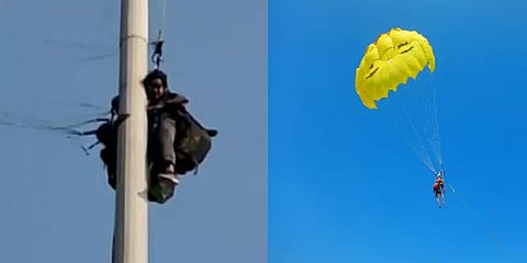 பாராகிளைடிங் செய்தவர்கள் திடீரென மின்கம்பத்தில் சிக்கியதால் பரபரப்பு!
