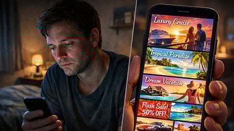 Man sadly looking the phone of exciting offers and plans