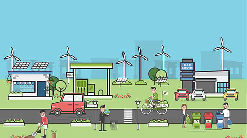 An illustrated eco-friendly smart city featuring wind turbines, solar panels, electric mobility, recycling systems, and green infrastructure.