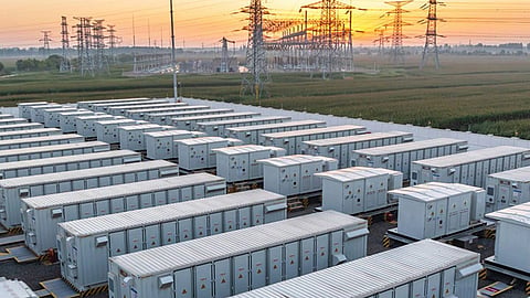 Utility-scale battery energy storage containers installed near electrical transmission infrastructure.