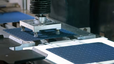 Automated TOPCon solar cell manufacturing line producing high-efficiency photovoltaic cells.