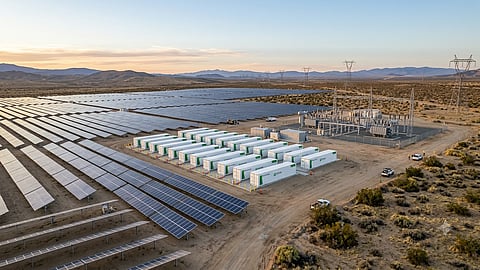 Solar farm with battery energy storage system and transmission substation.