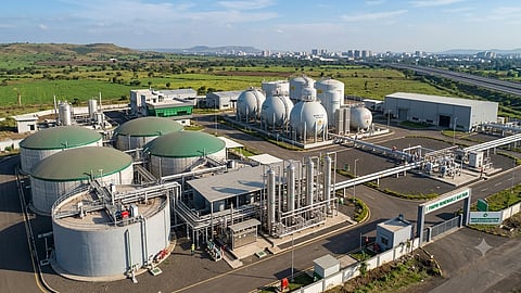Biomethane production plant with digesters and gas processing infrastructure.
