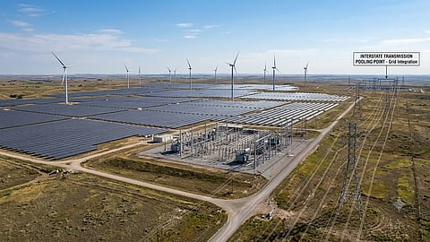 Utility-scale wind farm under construction with wind turbines and substation.