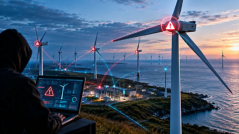 Wind turbines connected by digital network lines, with cybersecurity warning symbols highlighting potential cyber risks across a European wind farm