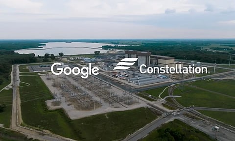 Aerial view of the Braidwood nuclear power plant and its surrounding electrical infrastructure, with Google and Constellation branding visible.