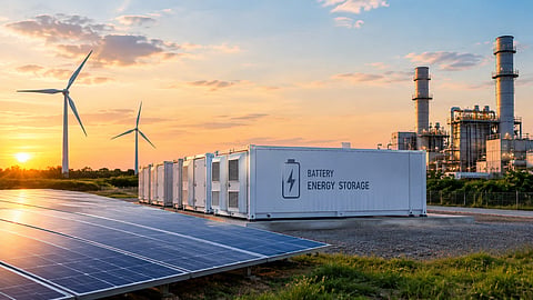 A battery energy storage installation with white storage containers in the foreground, solar panels across the lower-left area, wind turbines on the horizon and a gas-fired power facility in the background at sunset.