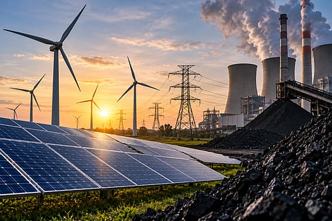 Solar panels and wind turbines alongside a coal-fired power plant, transmission towers and coal stockpiles, illustrating India’s renewable energy curtailment amid coal supply constraints.