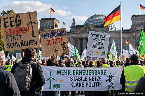 Demonstrators holding signs supporting renewable energy and grid expansion outside Germany’s Reichstag building, with German flags and wind and solar energy symbols.