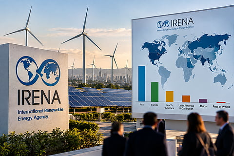 Wind turbines and solar panels in a renewable energy landscape beside an illustrative IRENA world map and regional bar chart representing differences in global renewable energy development.