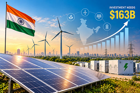 Solar panels, wind turbines, battery storage systems and electricity transmission infrastructure illustrate India’s clean energy expansion, alongside a graphic highlighting $163 billion in investment needs.