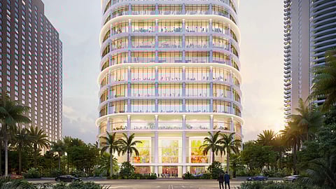 The entrance of the tower at 1201 Brickell Bay Drive, Miami