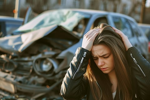 a-woman-holds-her-head-with-her-hands after car accident