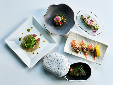 Ika Nanbanzuke & Mushroom Ohitashi, Kanisu, Salmon Carpaccio