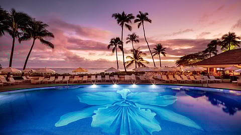 Oceanfront Pool at Halekulani Overlooking Waikiki at Sunset