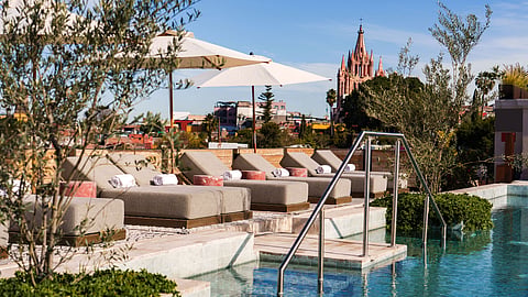 Rooftop Poolside Lounge Overlooking San Miguel’s Iconic Parroquia Church