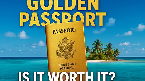 Golden U.S. passport with tropical island backdrop