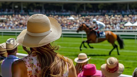 Woman in sun hat watching horse race at spring carnival