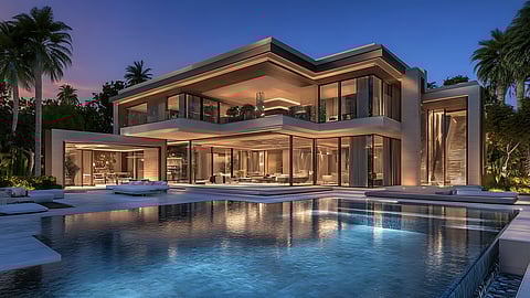 Twilight View of Contemporary Dubai Villa with Infinity Pool