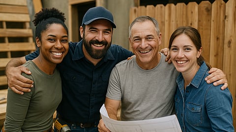 Four home services professionals standing on a jobsite with blueprints