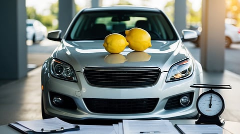 Silver car with lemons on hood and legal documents upfront